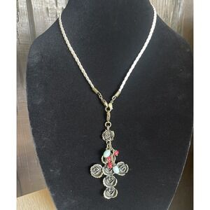 Handcrafted Gothic Rose Cross Pendant Necklace Beaded Accents 18.5" Front Clasp